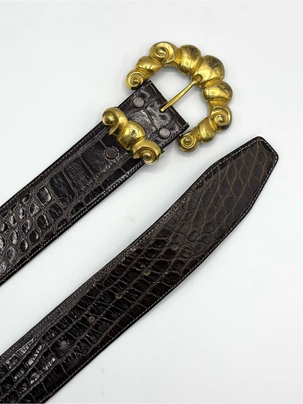 VTG Kleinberg Sherrill 1980s Black American Alligator Leather Belt Gold Buckle